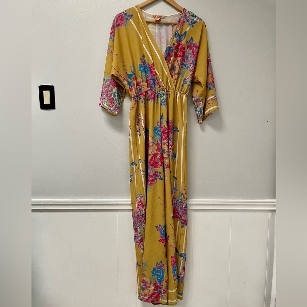 Flying Tomato Mustard Yellow Floral Maxi Romper Jumpsuit Wide Leg Kimono Sleeves - Picture 2 of 8